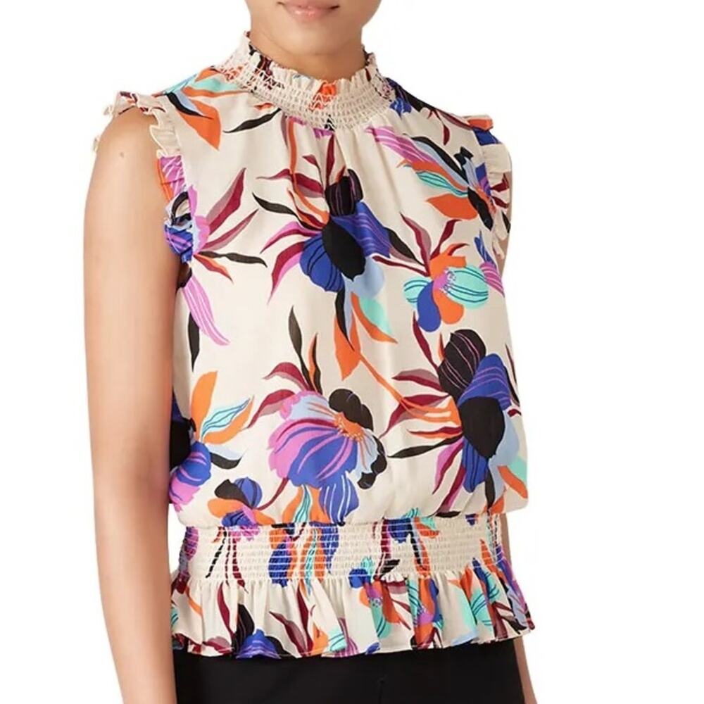 J. Crew NWOT Gorgeous Multicolor Bold Floral Ruffle Blouse Smocking Size 00